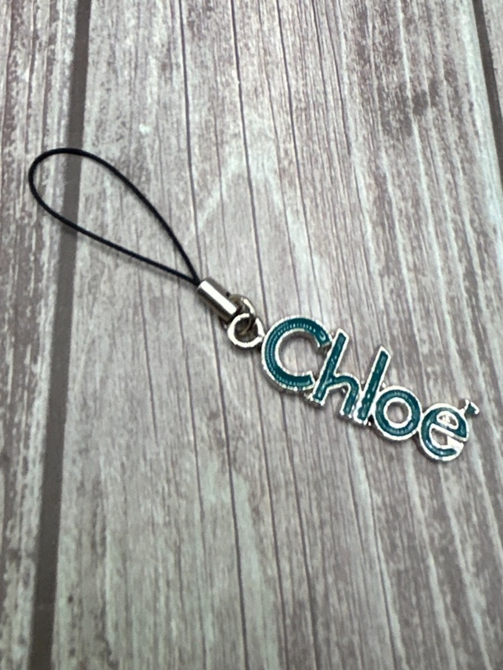 CHLOE Silver & Teal Blue  Script Logo Phone / Bag Charm Excellent Condition